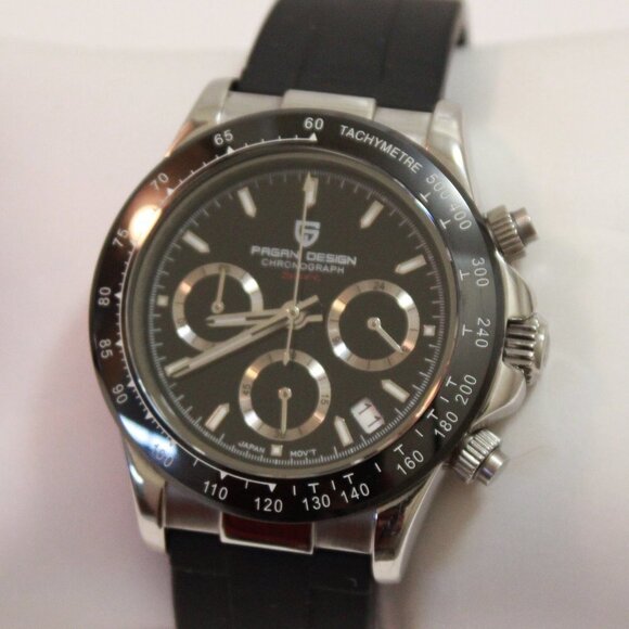 Men's Meca Quartz Chronograph Tachymeter 3 Sub-Dials Date Rubber Strap 40mm - Picture 7 of 15